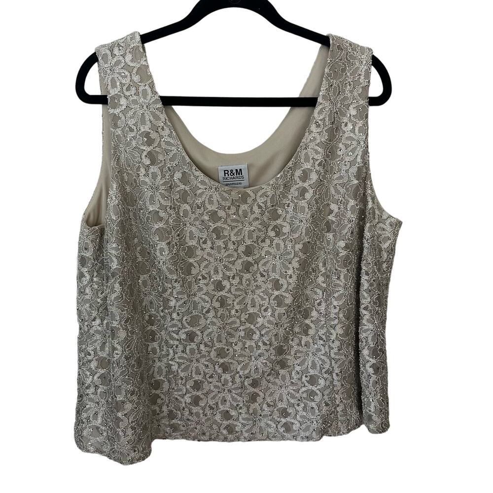 Sequined Tank Cami Coquette R&M Richards Women's Beige Sleeveless Lace 20W